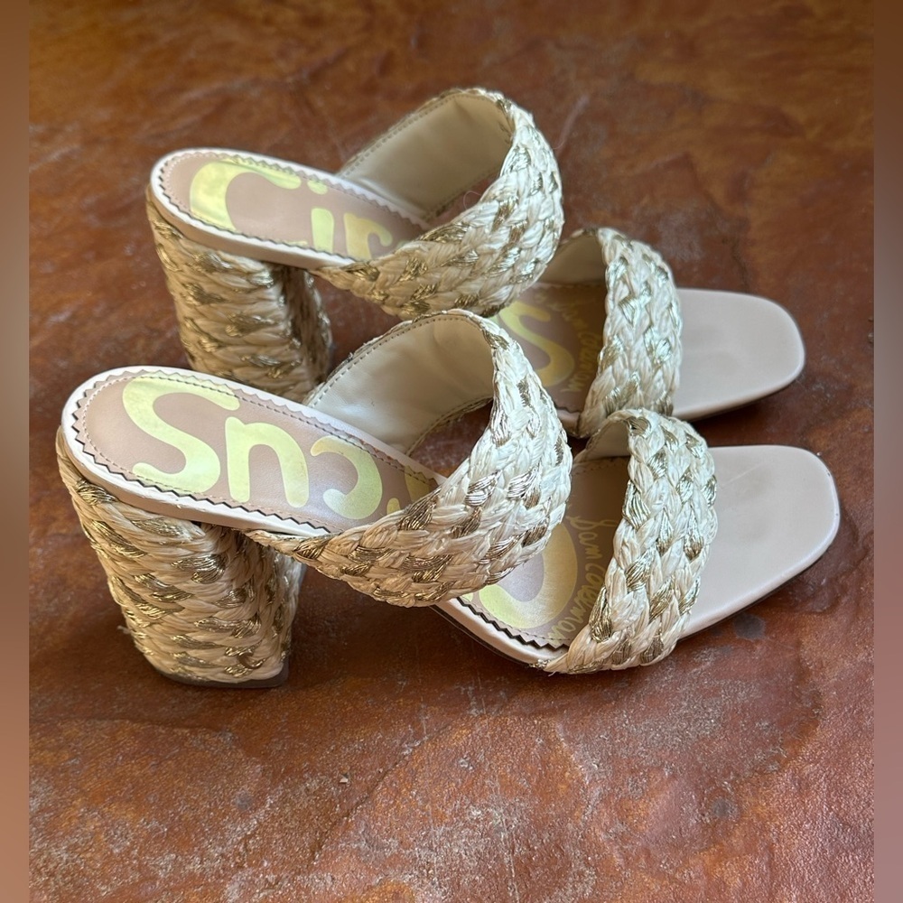 Sam Edelman Circus Cream & Gold Glamorous Woven Block Heeled Sandals Sz 9.5 M